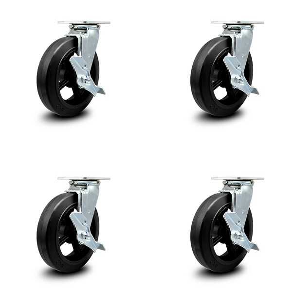 Service Caster 8 Inch Rubber on Steel Caster Set with Roller Bearings and Brake/Swivel Lock SCC SCC-30CS820-RSR-TLB-BSL-4 - main